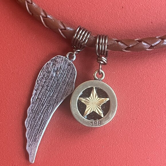 Braided Leather Necklace, Typewriter Key: Letter "W" and Angel Wing Pendants - Picture 6 of 7